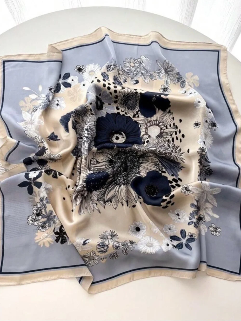 Luxe dusty blue silky floral print neck scarf wild rag • new!